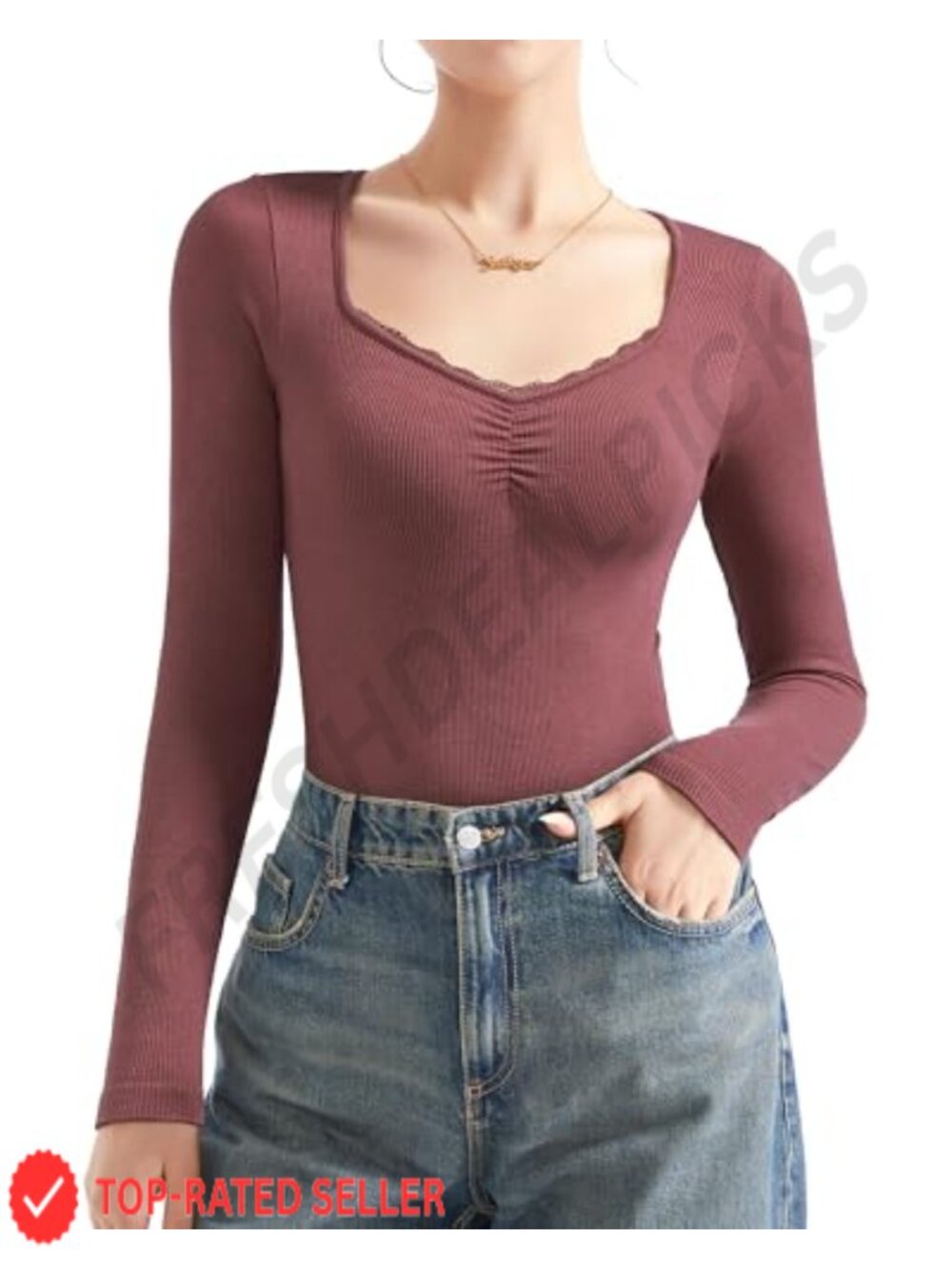 Women Sweetheart V Neck Long Sleeve Lace Trim Ribbed Modal Top